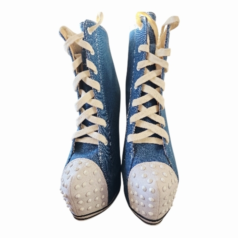 Liliana Blue Denim Lace-Up Studded Peep-Toe Stiletto Booties - Picture 4 of 6